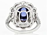 Pre-Owned Blue Cabochon And White Cubic Zirconia Rhodium Over Sterling Silver Ring 11.74ctw