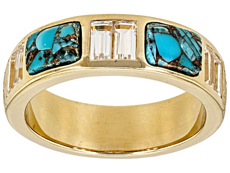 Pre-Owned Blue Turquoise with White Topaz 18k Yellow Gold Over Silver Men's Ring 1.43ctw