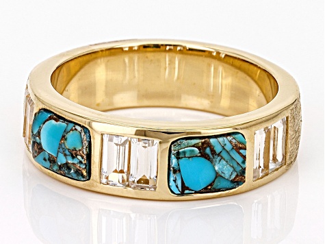 Pre-Owned Blue Turquoise with White Topaz 18k Yellow Gold Over Silver Men's Ring 1.43ctw