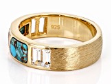 Pre-Owned Blue Turquoise with White Topaz 18k Yellow Gold Over Silver Men's Ring 1.43ctw