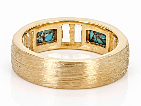 Pre-Owned Blue Turquoise with White Topaz 18k Yellow Gold Over Silver Men's Ring 1.43ctw