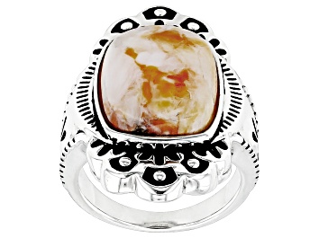 Picture of Pre-Owned Orange Spiny Oyster Shell Rhodium Over Sterling Silver Ring