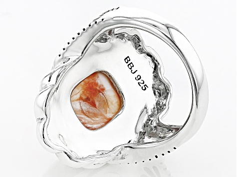 Pre-Owned Orange Spiny Oyster Shell Rhodium Over Sterling Silver Ring