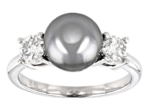 Pre-Owned 9mm Cultured Tahitian Pearl & Moissanite Fire® 0.66ctw Dew Rhodium Over Sterling Silver Ri