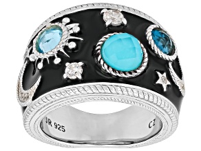 Pre-Owned Judith Ripka Turquoise, Blue Topaz, Enamel & Cubic Zirconia Rhodium Over Silver Galaxy Rin