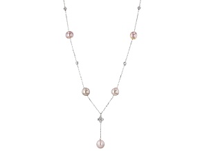 Pre-Owned Cultured Kasumiga Pearl And Cubic Zirconia Rhodium Over Sterling Silver Station Necklace
