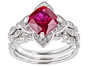Pre-Owned Red Lab Created Ruby Rhodium Over Sterling Silver Ring Set 2.95ctw