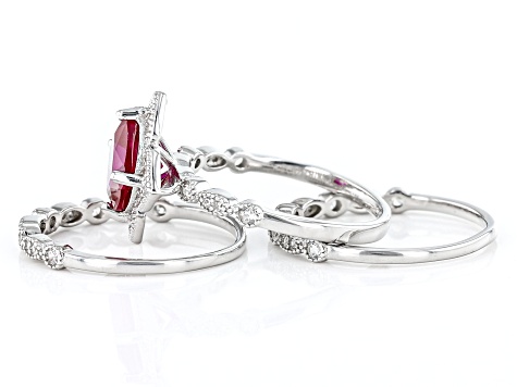 Pre-Owned Red Lab Created Ruby Rhodium Over Sterling Silver Ring Set 2.95ctw