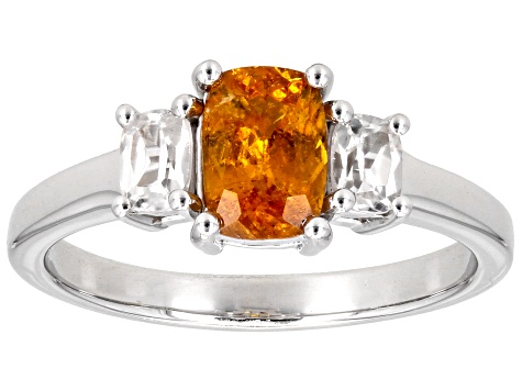 Pre-Owned Orange Spessartite With White Zircon Rhodium Over Sterling Silver Ring 1.38ctw