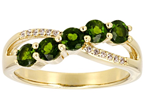 Pre-Owned Chrome Diopside With White Zircon 18k Yellow Gold Over Sterling Silver Ring