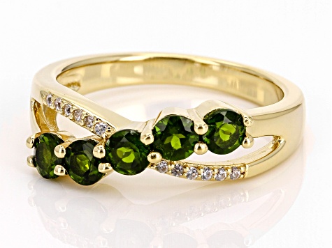 Pre-Owned Chrome Diopside With White Zircon 18k Yellow Gold Over Sterling Silver Ring