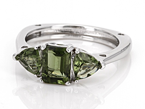 Pre-Owned Green Moldavite Rhodium Over Sterling Silver 3-Stone Ring 1.22ctw