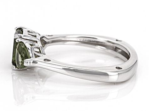 Pre-Owned Green Moldavite Rhodium Over Sterling Silver 3-Stone Ring 1.22ctw