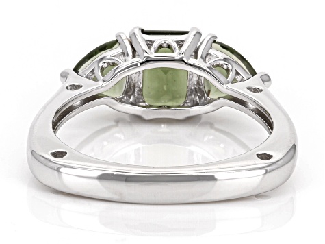 Pre-Owned Green Moldavite Rhodium Over Sterling Silver 3-Stone Ring 1.22ctw