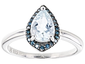 Pre-Owned Blue Aquamarine And Blue Diamond Rhodium Over Sterling Silver Ring 1.06ctw