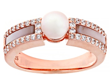 Picture of Pre-Owned Cultured Freshwater Pearl, Pink Mother-of-Pearl with Cubic Zirconia 14k Rose Gold Over Ste