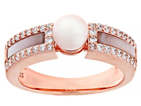 Pre-Owned Cultured Freshwater Pearl, Pink Mother-of-Pearl with Cubic Zirconia 14k Rose Gold Over Ste