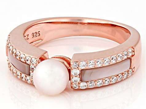 Pre-Owned Cultured Freshwater Pearl, Pink Mother-of-Pearl with Cubic Zirconia 14k Rose Gold Over Ste