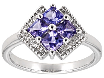 Picture of Pre-Owned Blue Tanzanite With White Zircon Rhodium Over Sterling Silver Ring 0.64ctw