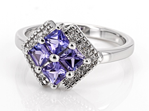 Pre-Owned Blue Tanzanite With White Zircon Rhodium Over Sterling Silver Ring 0.64ctw