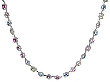 Picture of Pre-Owned Multi-Gem Simulants Rhodium Over Sterling Silver Tennis Necklace 13.82ctw