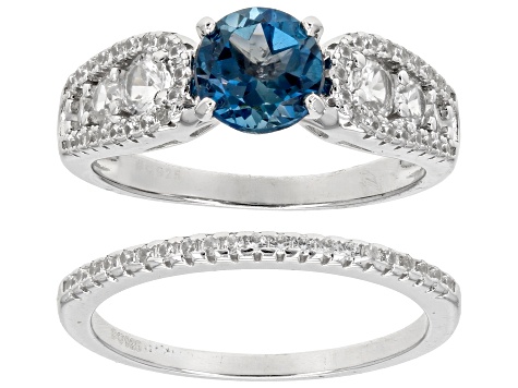 Pre-Owned Blue London Blue Topaz With White Zircon Rhodium Over Sterling Silver Set of 2 Rings 2.88c