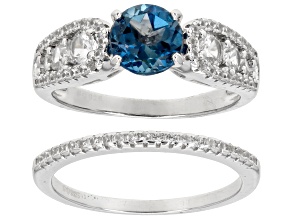 Pre-Owned Blue London Blue Topaz With White Zircon Rhodium Over Sterling Silver Set of 2 Rings 2.88c