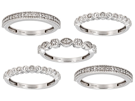 Pre-Owned White Diamond Rhodium Over Sterling Silver Set of 5 Stackable Band Rings 0.45ctw