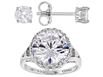Picture of Pre-Owned White Cubic Zirconia Rhodium Over Sterling Silver Ring And Earrings 11.63ctw