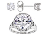 Pre-Owned White Cubic Zirconia Rhodium Over Sterling Silver Ring And Earrings 11.63ctw