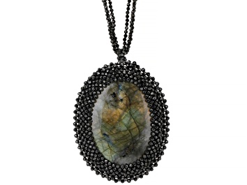 Picture of Pre-Owned Gray Labradorite with Black Spinel Rhodium Over Sterling Silver Necklace