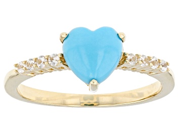 Picture of Pre-Owned Blue Sleeping Beauty Turquoise With White Zircon 10k Yellow Gold Ring 0.14ctw