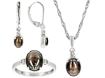Picture of Pre-Owned Golden Sheen Sapphire with Lab White Sapphire Rhodium Over Sterling Silver Jewelry Set 5.1