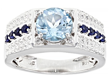 Picture of Pre-Owned Sky Blue Topaz, Lab Blue Sapphire & White Zircon Rhodium Over Sterling Silver Men's Ring