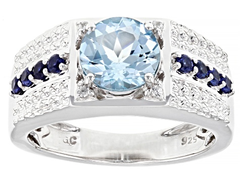 Pre-Owned Sky Blue Topaz, Lab Blue Sapphire & White Zircon Rhodium Over Sterling Silver Men's Ring
