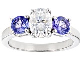 Pre-Owned Moissanite And Tanzanite Platineve Three Stone Ring 1.50ct DEW