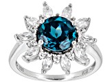 Pre-Owned Teal Lab Created Spinel Rhodium Over Sterling Silver Ring 3.03ctw