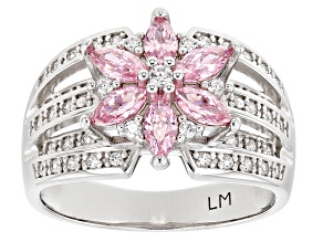 Pre-Owned Pink And White Cubic Zirconia Platinum Over Silver Flower Ring 1.19ctw