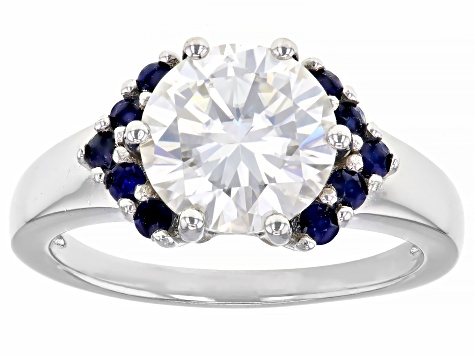 Pre-Owned Moissanite And Blue Sapphire Platineve Ring 3.10ct DEW.