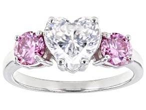 Pre-Owned Colorless And Pink Moissanite Platineve Heart Ring 3.18ctw DEW.