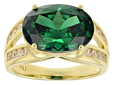 Pre-Owned Green And White Cubic Zirconia 18k Yellow Gold Over Sterling Silver Ring 9.49ctw