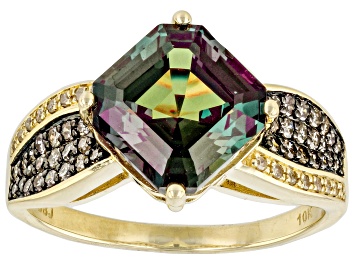 Picture of Pre-Owned Blue Lab Created Alexandrite with Champagne and White Diamond 10K Yellow Gold Ring 4.33ctw