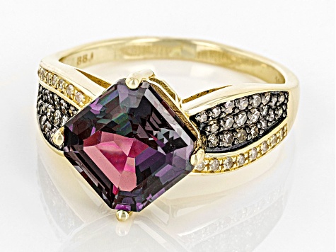 Pre-Owned Blue Lab Created Alexandrite with Champagne and White Diamond 10K Yellow Gold Ring 4.33ctw