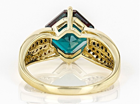 Pre-Owned Blue Lab Created Alexandrite with Champagne and White Diamond 10K Yellow Gold Ring 4.33ctw