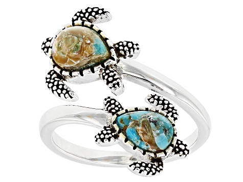 Pre-Owned Blended Turquoise & Shell Sterling Silver Turtle Bypass Ring