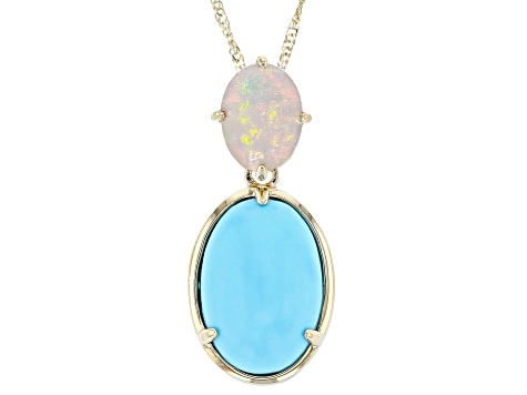 Pre-Owned Blue Sleeping Beauty Turquoise With Ethiopian Opal 10k Yellow Gold Pendant With Chain 0.64