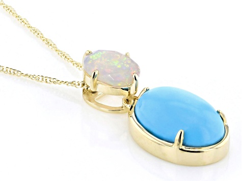 Pre-Owned Blue Sleeping Beauty Turquoise With Ethiopian Opal 10k Yellow Gold Pendant With Chain 0.64