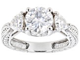 Pre-Owned Moissanite Platineve 3 Stone Ring 2.70ctw DEW.