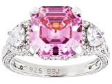 Pre-Owned Pink And White Cubic Zirconia Rhodium Over Sterling Silver Asscher Cut Ring 11.45ctw