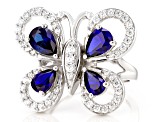 Pre-Owned Lab Blue Sapphire & White Cubic Zirconia Rhodium Over Sterling Silver Butterfly Ring 3.80c